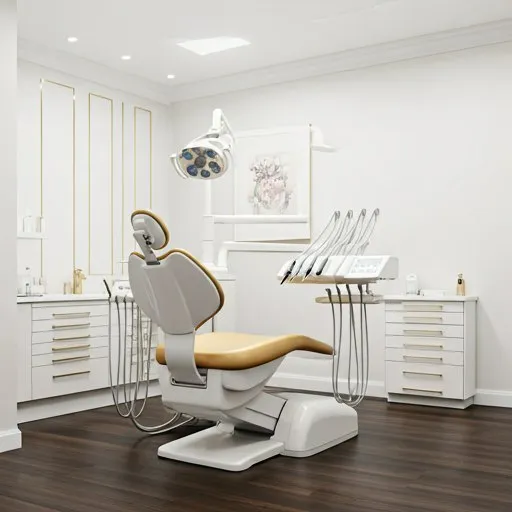 A modern dental treatment room with an ergonomic chair and overhead lighting